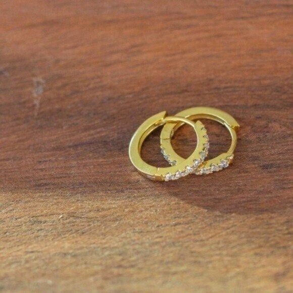 Gold Pavé Huggie Hoop Earrings 18K on 925 Sterling Silver CZ Everyday Jewelry - Picture 5 of 14